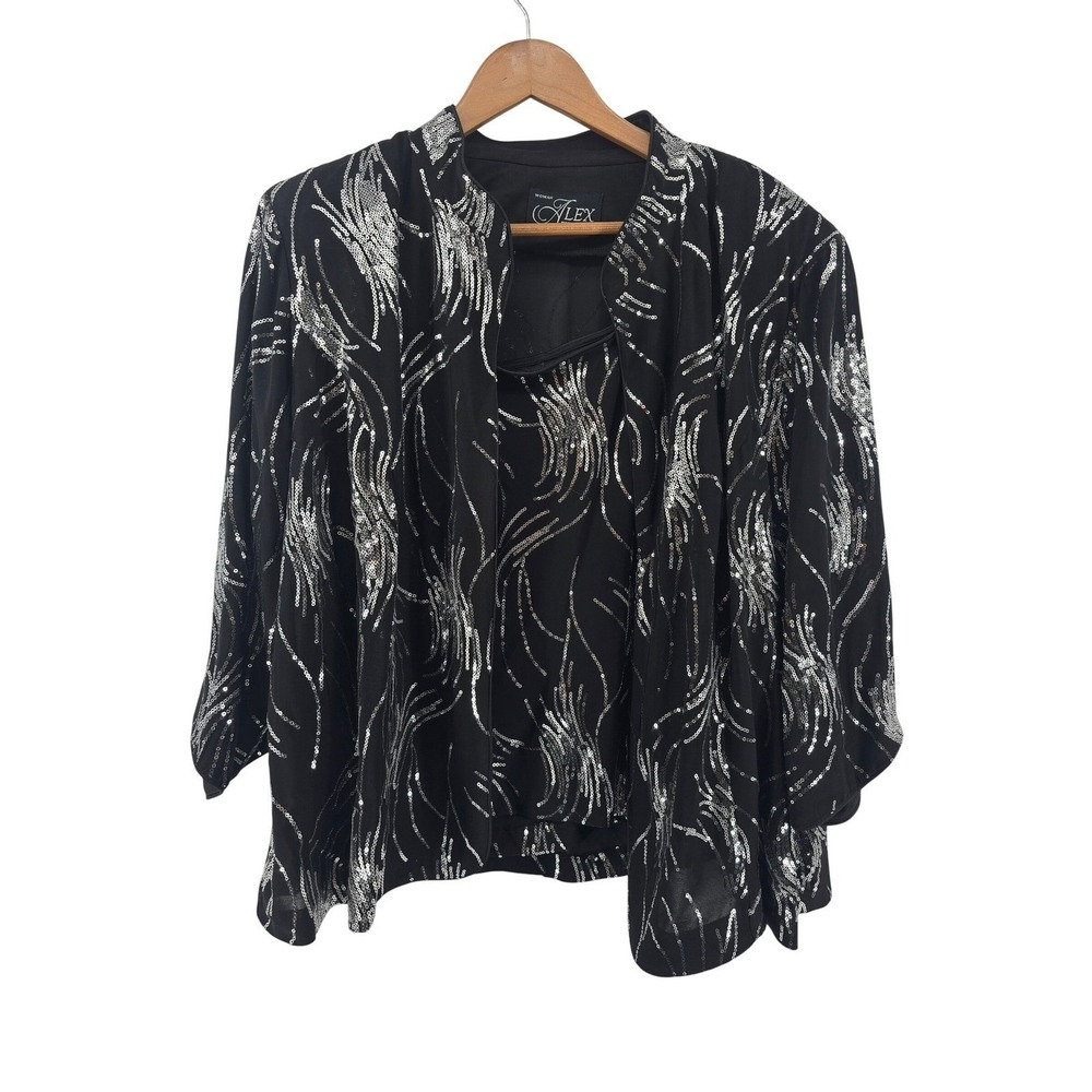Alex Evenings 2pc Jacket Tank Set Woman Plus Black Silver Sequin Abstract Glam